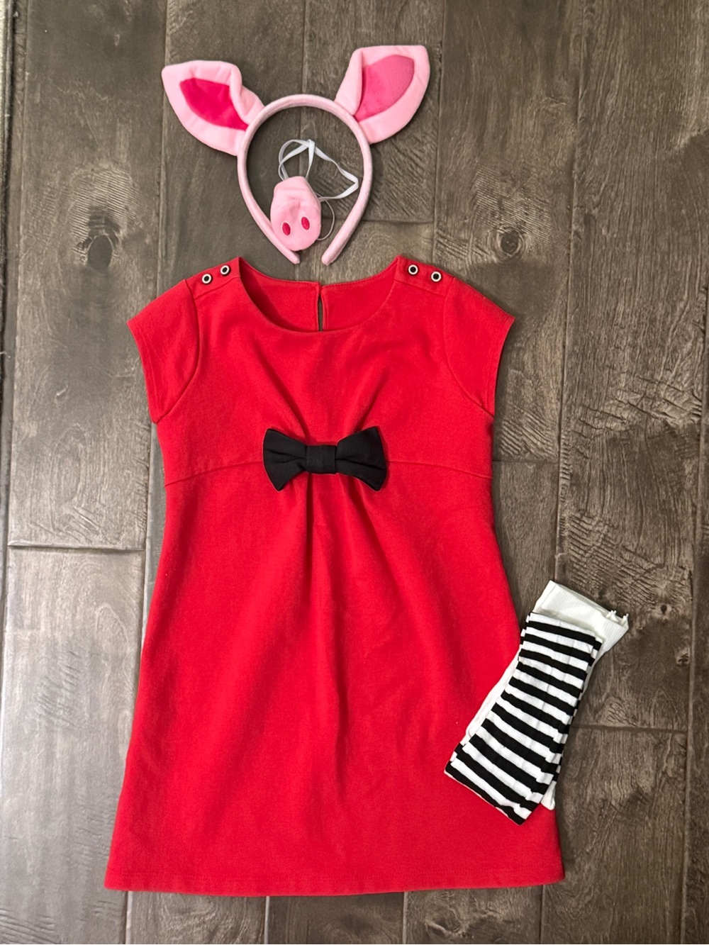 “Olivia” Pig Red Dress w/Black Bow, tights and pig ears/nose